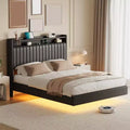 Queen Floating Bed Frame with Charging Station, Upholstered Leather Platform Bed with 50 Storage Headboard, Full Size Leather Bed Frame