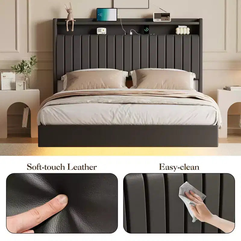 Cadre de lit Queen Size flottant avec station de recharge, lit plateforme en cuir rembourré avec tête de lit de rangement 50", cadre de lit en cuir taille double