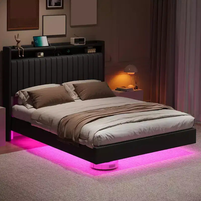Cadre de lit Queen Size flottant avec station de recharge, lit plateforme en cuir rembourré avec tête de lit de rangement 50", cadre de lit en cuir taille double