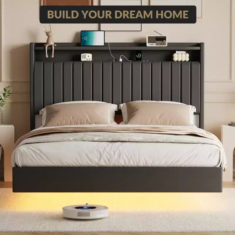 Cadre de lit Queen Size flottant avec station de recharge, lit plateforme en cuir rembourré avec tête de lit de rangement 50", cadre de lit en cuir taille double