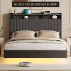 Cadre de lit Queen Size flottant avec station de recharge, lit plateforme en cuir rembourré avec tête de lit de rangement 50", cadre de lit en cuir taille double