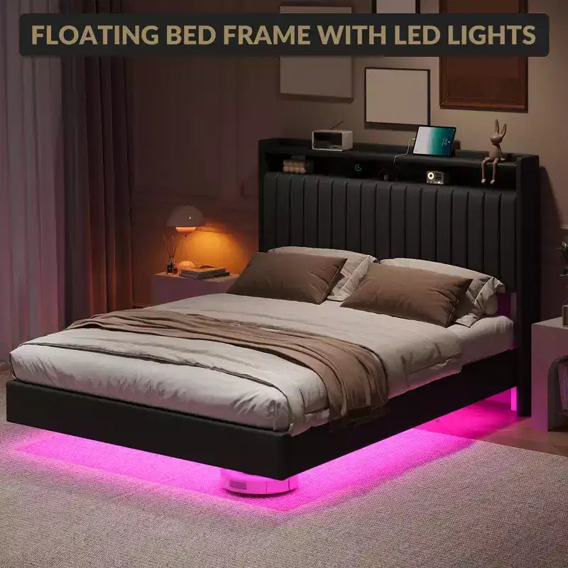 Cadre de lit Queen Size flottant avec station de recharge, lit plateforme en cuir rembourré avec tête de lit de rangement 50", cadre de lit en cuir taille double