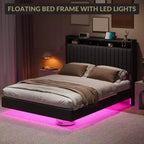 Cadre de lit Queen Size flottant avec station de recharge, lit plateforme en cuir rembourré avec tête de lit de rangement 50", cadre de lit en cuir taille double
