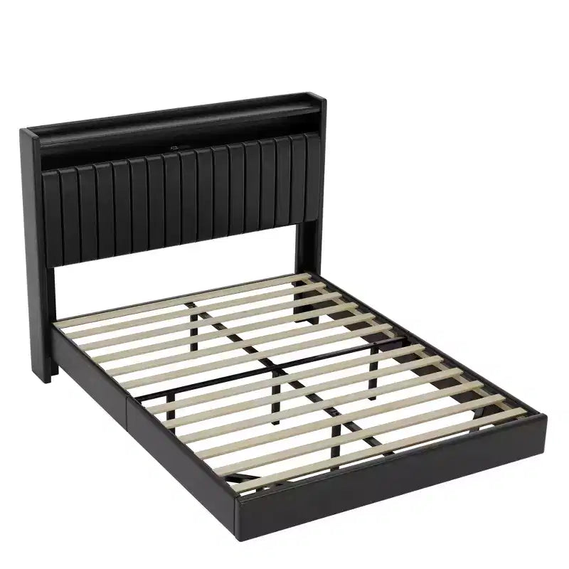 Cadre de lit Queen Size flottant avec station de recharge, lit plateforme en cuir rembourré avec tête de lit de rangement 50", cadre de lit en cuir taille double