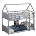 Bellemave Twin Over Twin House Bunk Bed, Low Floor Wood Bunk Bed with Roof Frame, Guardrails & Ladder, Rubber Wood Kids Bed Frame