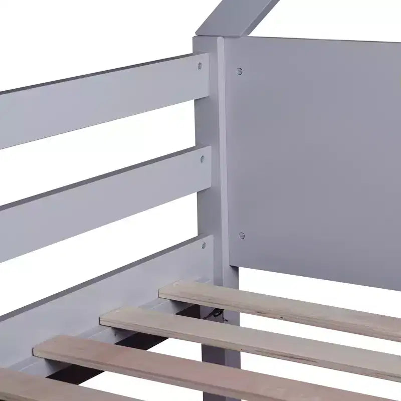 Bellemave Twin Over Twin House Bunk Bed, Low Floor Wood Bunk Bed with Roof Frame, Guardrails & Ladder, Rubber Wood Kids Bed Frame