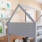 Bellemave Twin Over Twin House Bunk Bed, Low Floor Wood Bunk Bed with Roof Frame, Guardrails & Ladder, Rubber Wood Kids Bed Frame