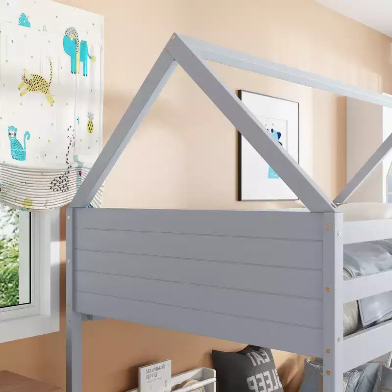 Bellemave Twin Over Twin House Bunk Bed, Low Floor Wood Bunk Bed with Roof Frame, Guardrails & Ladder, Rubber Wood Kids Bed Frame