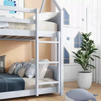 Bellemave Twin Over Twin House Bunk Bed, Low Floor Wood Bunk Bed with Roof Frame, Guardrails & Ladder, Rubber Wood Kids Bed Frame