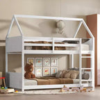 Bellemave Twin Over Twin House Bunk Bed, Low Floor Wood Bunk Bed with Roof Frame, Guardrails & Ladder, Rubber Wood Kids Bed Frame