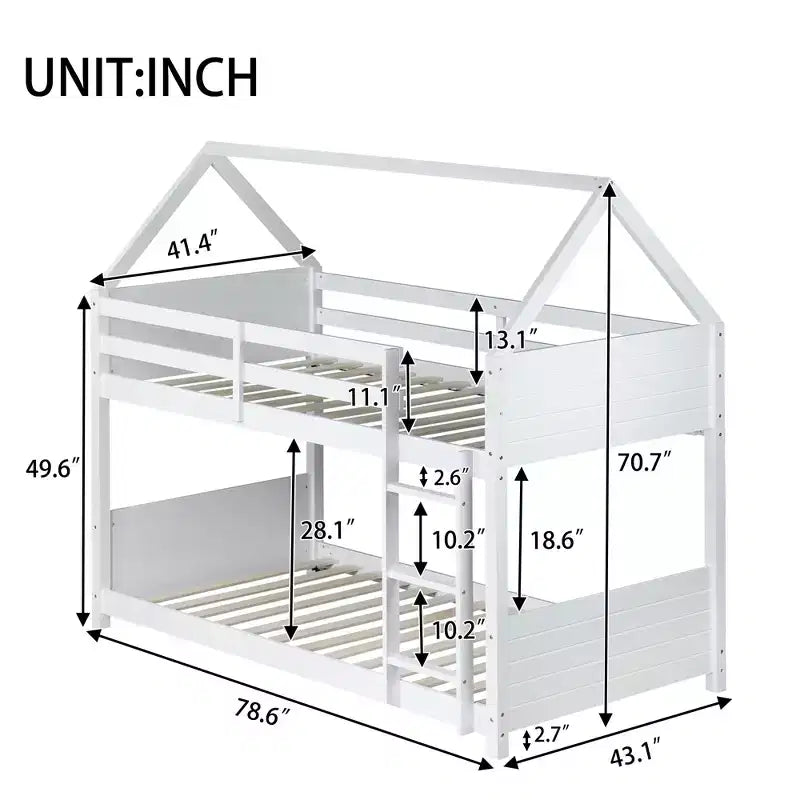 Bellemave Twin Over Twin House Bunk Bed, Low Floor Wood Bunk Bed with Roof Frame, Guardrails & Ladder, Rubber Wood Kids Bed Frame