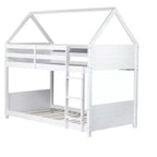 Bellemave Twin Over Twin House Bunk Bed, Low Floor Wood Bunk Bed with Roof Frame, Guardrails & Ladder, Rubber Wood Kids Bed Frame