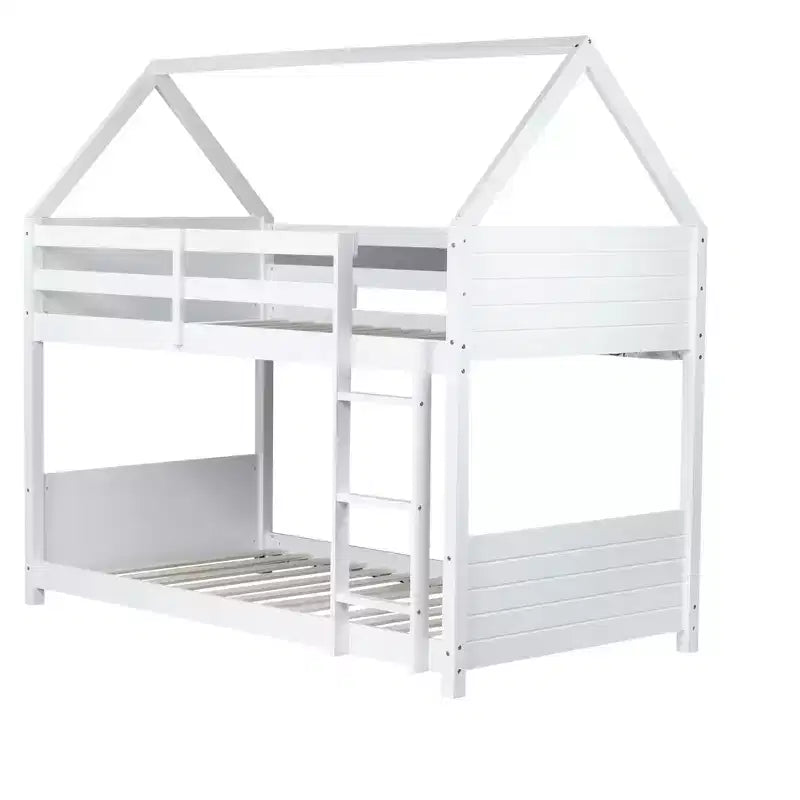 Bellemave Twin Over Twin House Bunk Bed, Low Floor Wood Bunk Bed with Roof Frame, Guardrails & Ladder, Rubber Wood Kids Bed Frame