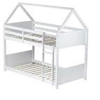 Bellemave Twin Over Twin House Bunk Bed, Low Floor Wood Bunk Bed with Roof Frame, Guardrails & Ladder, Rubber Wood Kids Bed Frame