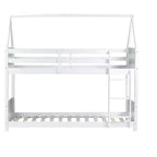 Bellemave Twin Over Twin House Bunk Bed, Low Floor Wood Bunk Bed with Roof Frame, Guardrails & Ladder, Rubber Wood Kids Bed Frame