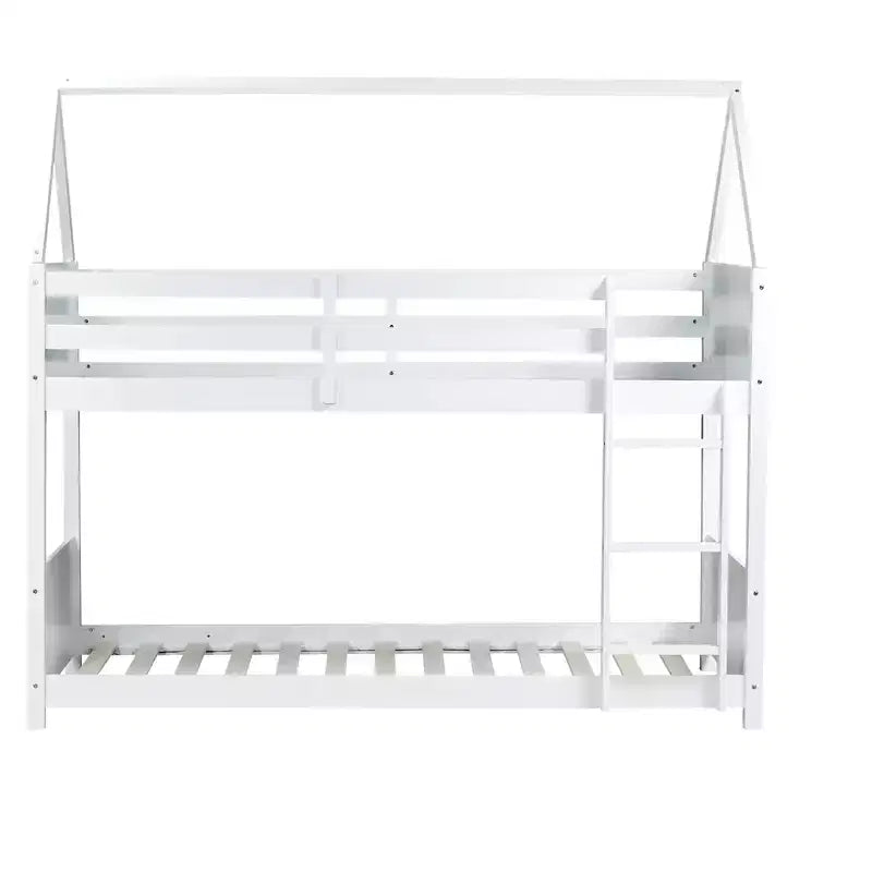 Bellemave Twin Over Twin House Bunk Bed, Low Floor Wood Bunk Bed with Roof Frame, Guardrails & Ladder, Rubber Wood Kids Bed Frame