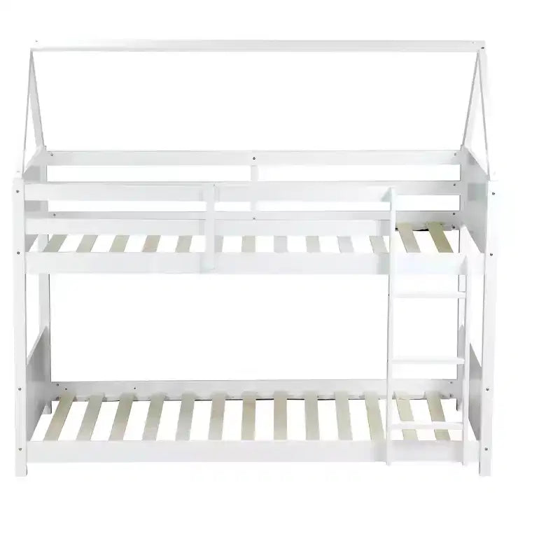 Bellemave Twin Over Twin House Bunk Bed, Low Floor Wood Bunk Bed with Roof Frame, Guardrails & Ladder, Rubber Wood Kids Bed Frame