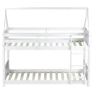 Bellemave Twin Over Twin House Bunk Bed, Low Floor Wood Bunk Bed with Roof Frame, Guardrails & Ladder, Rubber Wood Kids Bed Frame