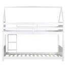 Bellemave Twin Over Twin House Bunk Bed, Low Floor Wood Bunk Bed with Roof Frame, Guardrails & Ladder, Rubber Wood Kids Bed Frame