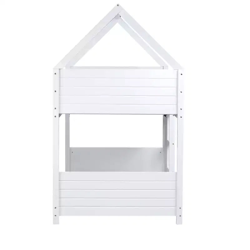 Bellemave Twin Over Twin House Bunk Bed, Low Floor Wood Bunk Bed with Roof Frame, Guardrails & Ladder, Rubber Wood Kids Bed Frame