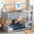 Bellemave Twin Over Twin House Bunk Bed, Low Floor Wood Bunk Bed with Roof Frame, Guardrails & Ladder, Rubber Wood Kids Bed Frame