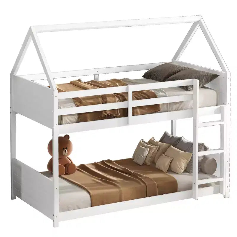 Bellemave Twin Over Twin House Bunk Bed, Low Floor Wood Bunk Bed with Roof Frame, Guardrails & Ladder, Rubber Wood Kids Bed Frame