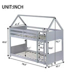Bellemave Twin Over Twin House Bunk Bed, Low Floor Wood Bunk Bed with Roof Frame, Guardrails & Ladder, Rubber Wood Kids Bed Frame