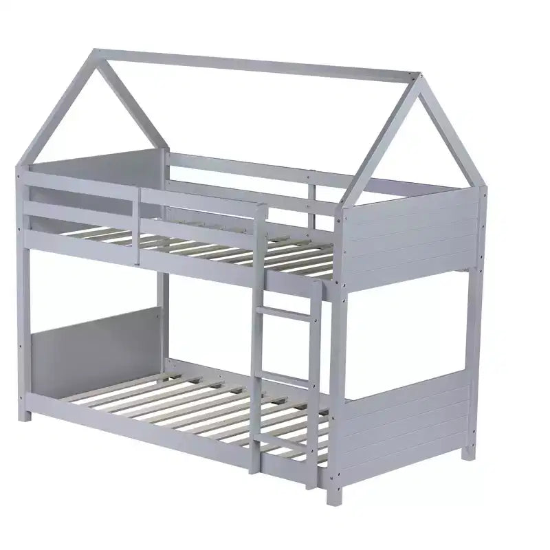 Bellemave Twin Over Twin House Bunk Bed, Low Floor Wood Bunk Bed with Roof Frame, Guardrails & Ladder, Rubber Wood Kids Bed Frame