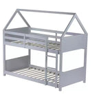 Bellemave Twin Over Twin House Bunk Bed, Low Floor Wood Bunk Bed with Roof Frame, Guardrails & Ladder, Rubber Wood Kids Bed Frame