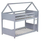Bellemave Twin Over Twin House Bunk Bed, Low Floor Wood Bunk Bed with Roof Frame, Guardrails & Ladder, Rubber Wood Kids Bed Frame
