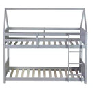 Bellemave Twin Over Twin House Bunk Bed, Low Floor Wood Bunk Bed with Roof Frame, Guardrails & Ladder, Rubber Wood Kids Bed Frame