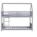 Bellemave Twin Over Twin House Bunk Bed, Low Floor Wood Bunk Bed with Roof Frame, Guardrails & Ladder, Rubber Wood Kids Bed Frame