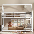 Bellemave Twin Over Twin House Bunk Bed, Low Floor Wood Bunk Bed with Roof Frame, Guardrails & Ladder, Rubber Wood Kids Bed Frame