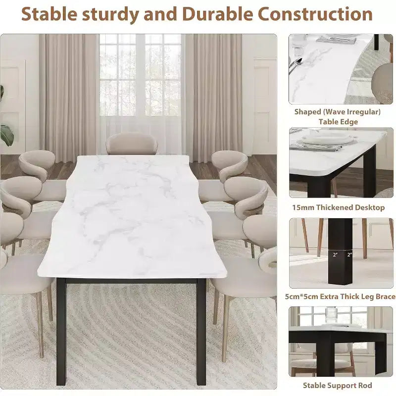 Table à manger moderne, grande table de cuisine de 200 cm pour 6-8 personnes, structure en métal, design unique en vagues horizontales, résistante à l'eau et aux rayures, pour la cuisine