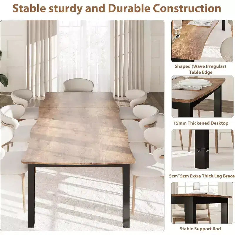 Table à manger moderne, grande table de cuisine de 200 cm pour 6-8 personnes, structure en métal, design unique en vagues horizontales, résistante à l'eau et aux rayures, pour la cuisine