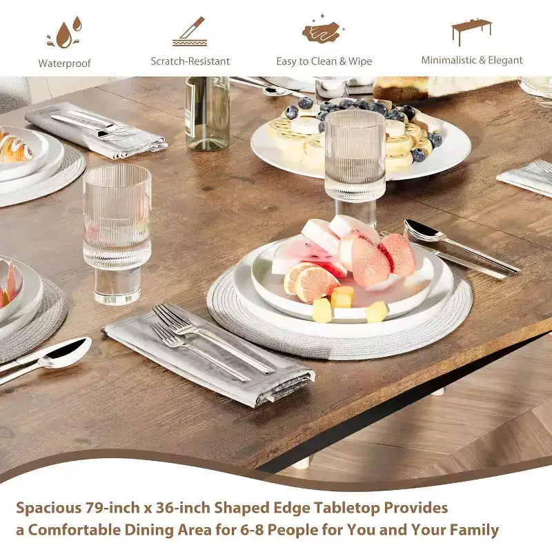 Table à manger moderne, grande table de cuisine de 200 cm pour 6-8 personnes, structure en métal, design unique en vagues horizontales, résistante à l'eau et aux rayures, pour la cuisine