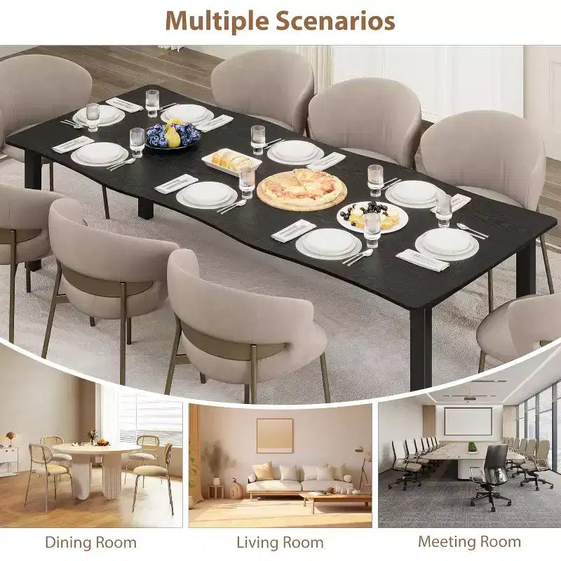 Table à manger moderne, grande table de cuisine de 200 cm pour 6-8 personnes, structure en métal, design unique en vagues horizontales, résistante à l'eau et aux rayures, pour la cuisine