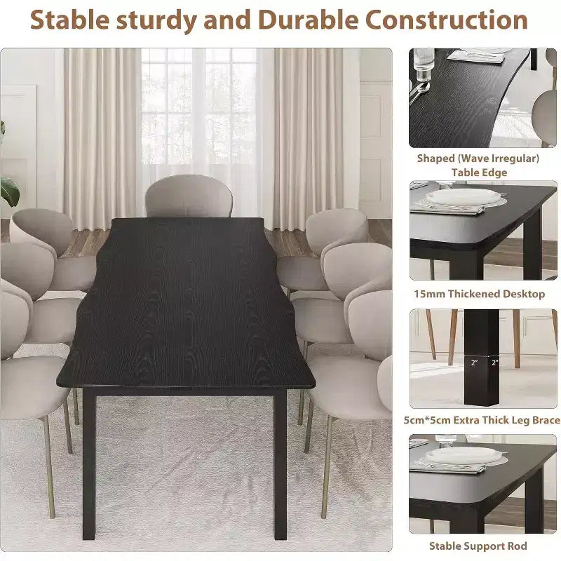 Table à manger moderne, grande table de cuisine de 200 cm pour 6-8 personnes, structure en métal, design unique en vagues horizontales, résistante à l'eau et aux rayures, pour la cuisine
