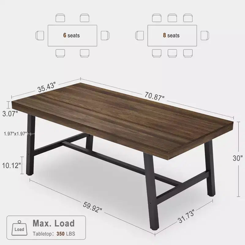 Table de salle à manger de 180 cm pour 6 à 8 personnes, table à manger extérieure/intérieure avec cadre en métal, table de cuisine avec grand plateau pour salle à manger, salon, cuisine