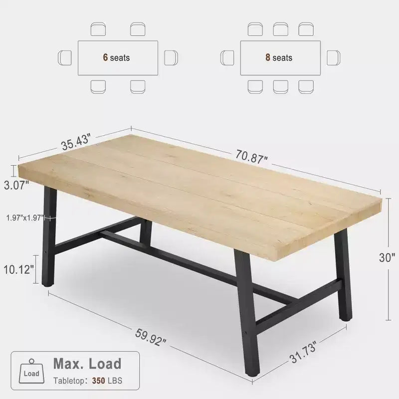 Table de salle à manger de 180 cm pour 6 à 8 personnes, table à manger extérieure/intérieure avec cadre en métal, table de cuisine avec grand plateau pour salle à manger, salon, cuisine