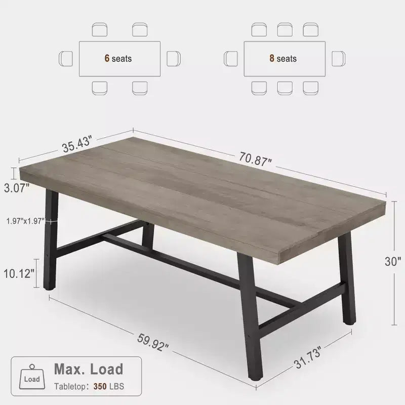 Table de salle à manger de 180 cm pour 6 à 8 personnes, table à manger extérieure/intérieure avec cadre en métal, table de cuisine avec grand plateau pour salle à manger, salon, cuisine