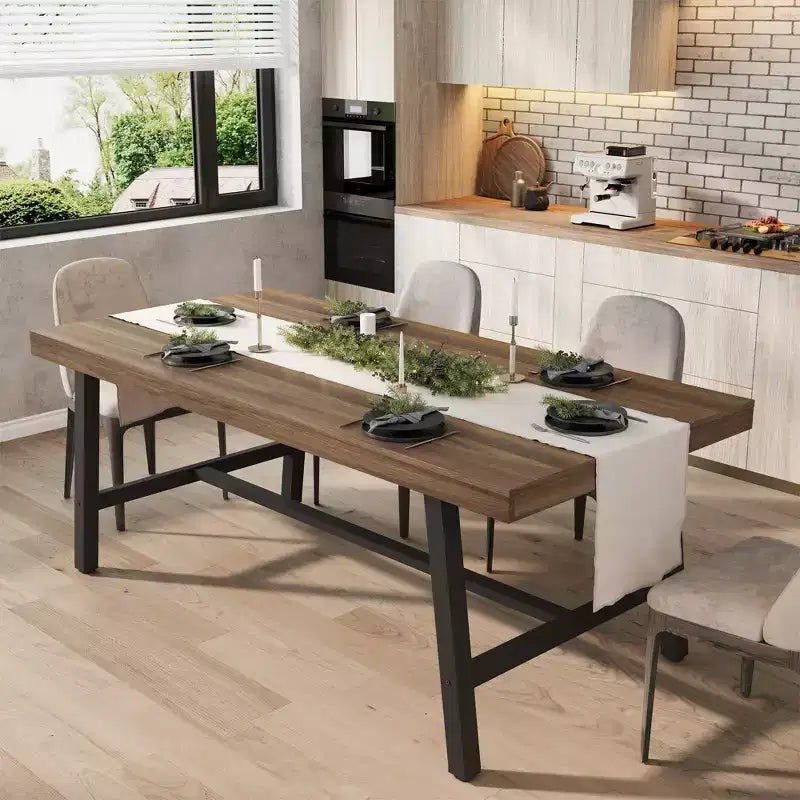 Table de salle à manger de 180 cm pour 6 à 8 personnes, table à manger extérieure/intérieure avec cadre en métal, table de cuisine avec grand plateau pour salle à manger, salon, cuisine