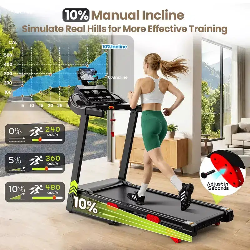 Tapis de course incliné 14,5 km/h, capacité de 150 kg, tapis de course pliable portable pour la maison, moteur 3,5 CV, tapis de course de jogging/marche avec contrôle par application, 105 programmes