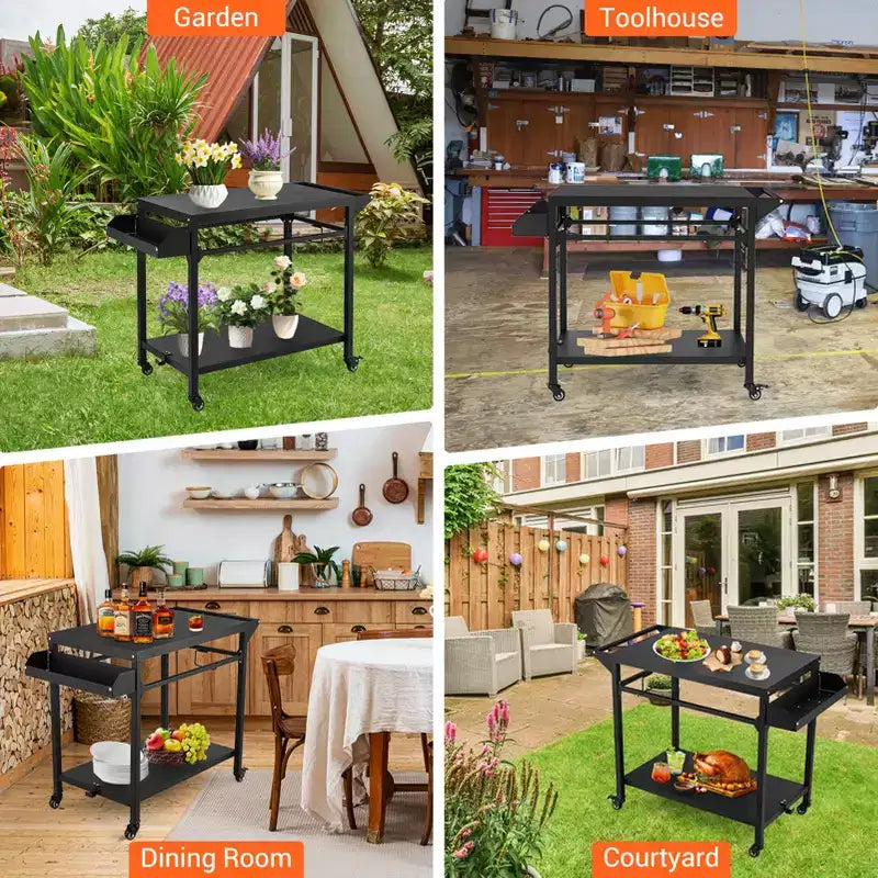 3-Tier Rolling Outdoor Grill Cart and BBQ Prep Table with Wheels, Pizza Oven Stand with Mesh Racks and Utensil Hooks for Patio, Camping and Parties