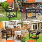 3-Tier Rolling Outdoor Grill Cart and BBQ Prep Table with Wheels, Pizza Oven Stand with Mesh Racks and Utensil Hooks for Patio, Camping and Parties