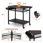 3-Tier Rolling Outdoor Grill Cart and BBQ Prep Table with Wheels, Pizza Oven Stand with Mesh Racks and Utensil Hooks for Patio, Camping and Parties
