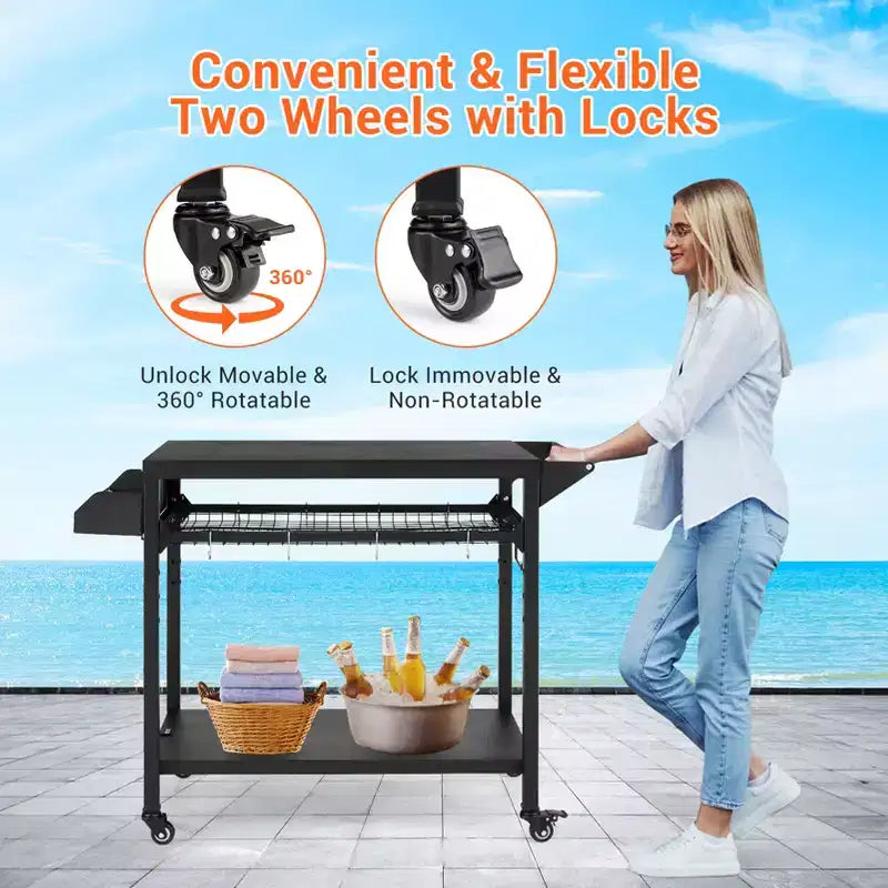 3-Tier Rolling Outdoor Grill Cart and BBQ Prep Table with Wheels, Pizza Oven Stand with Mesh Racks and Utensil Hooks for Patio, Camping and Parties