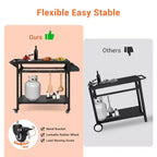 3-Tier Rolling Outdoor Grill Cart and BBQ Prep Table with Wheels, Pizza Oven Stand with Mesh Racks and Utensil Hooks for Patio, Camping and Parties