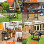 3-Tier Rolling Outdoor Grill Cart and BBQ Prep Table with Wheels, Pizza Oven Stand with Mesh Racks and Utensil Hooks for Patio, Camping and Parties