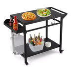 3-Tier Rolling Outdoor Grill Cart and BBQ Prep Table with Wheels, Pizza Oven Stand with Mesh Racks and Utensil Hooks for Patio, Camping and Parties